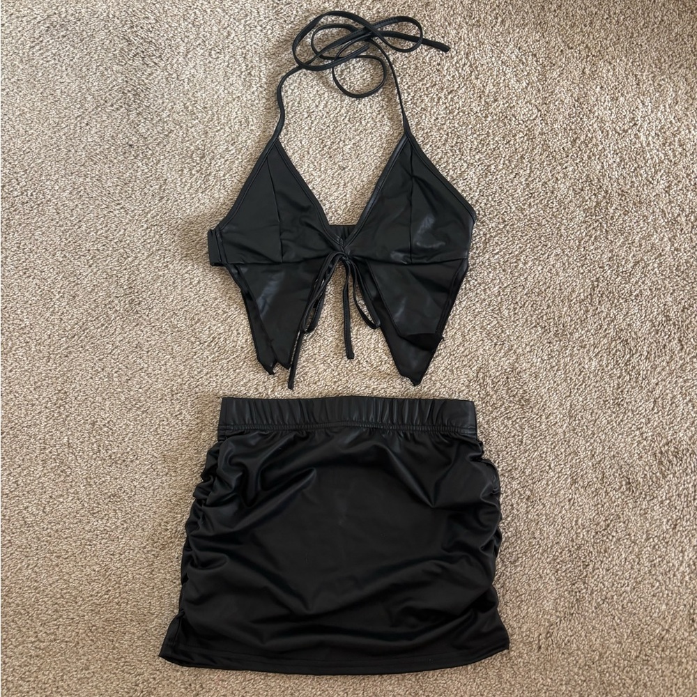 Black Leather V-Neck Halter 2-Piece Set